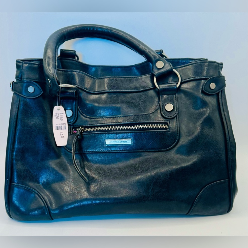 Victoria's Secret Black Leather Handbag Pink‎ Lining Silvertone Accents NWT